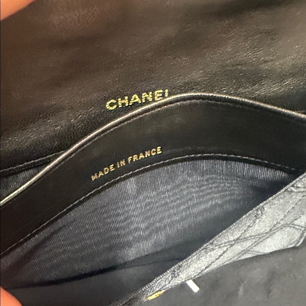 Authentic CHANEL Black Satin Quilted Clutch with Gold Logo - Picture 7 of 12